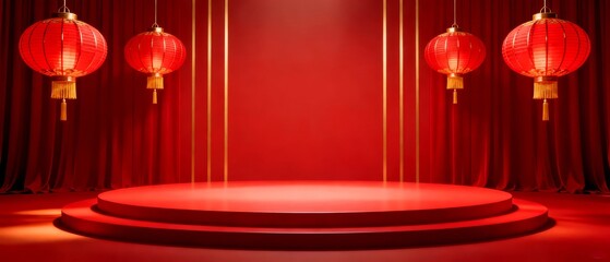 Elegant red stage with traditional lanterns and golden accents set against a luxurious backdrop for festive or ceremonial events.