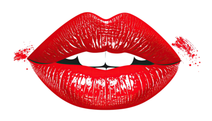 Glossy, vibrant red lips, a stylized image with highlights and shading against a black background