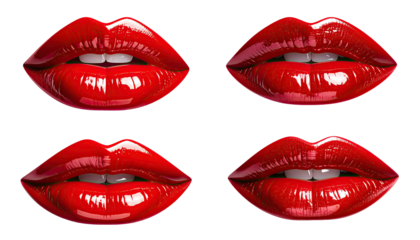 Glossy, vibrant red lips in four different expressions, isolated on a black background
