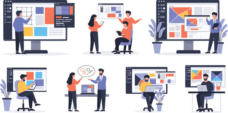 Creative Business Team Collaborating on UI UX Design, Data Visualization, and Digital Dashboard Projects Vector Illustration