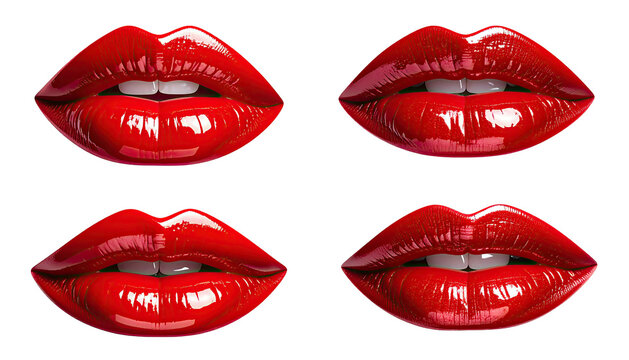 Glossy, vibrant red lips in four different expressions, isolated on a black background