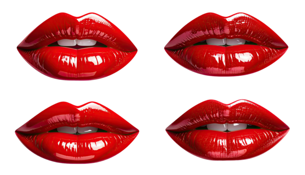 Glossy, vibrant red lips in four different expressions, isolated on a black background - Powered by Adobe