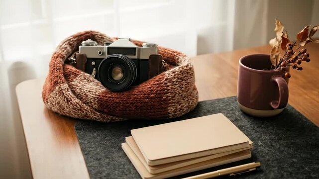 cozy fall - A cozy workspace features a vintage camera nestled in a knitted scarf, accompanied by a mug of warm beverage and neatly stacked notebooks on a wooden table