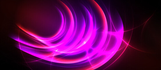 Obraz premium Bright pink energy flows, curves radiate from center. Dark background emphasizes vibrant light patterns, creating dynamic visual effect.