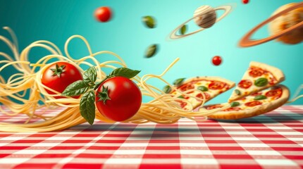 Pasta and pizza float among vegetables and planets on a checkered tablecloth