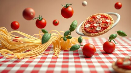Fresh ingredients and pasta create a lively scene with floating tomatoes and a pizza on a checkered tablecloth