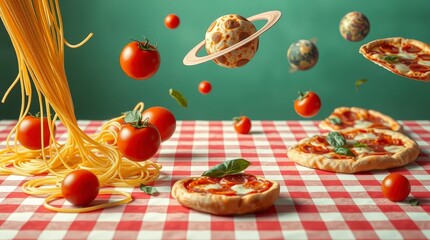 Pasta and pizza with floating tomatoes and planet models in a kitchen setting