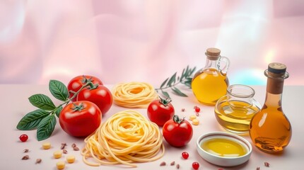 Fresh pasta and red tomatoes on a kitchen table with olive oil and herbs in a bright setting