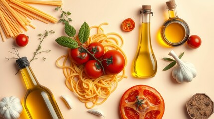 Fresh ingredients arranged on a surface with pasta, tomatoes, garlic, herbs, and oils for cooking