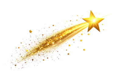 Glowing golden celestial body with trailing light and shimmering particles against a dark space