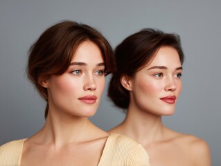 Woman presenting profile views comparing facial aesthetic changes, highlighting beauty transformation, cosmetic procedure results, and self improvement