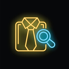 Obraz premium Neon icon depicting a magnifying glass examining a business suit, symbolizing the concept of job hunting