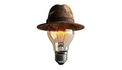 Glowing light bulb inside a fedora hat against a stark black background