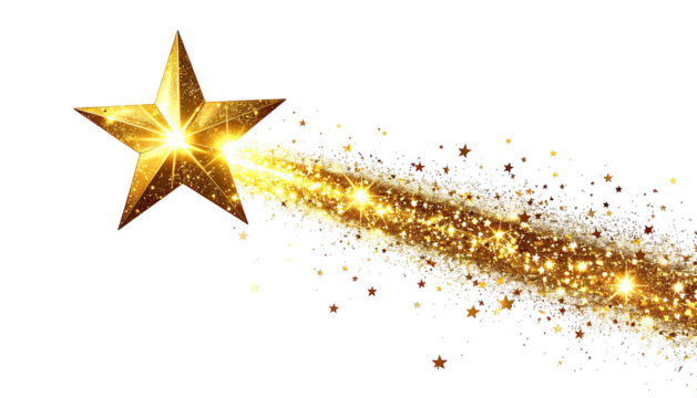 Glowing golden star with a trail of shimmering light, on black background, full of sparkle - Powered by Adobe