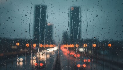 Rainy cityscape view through window with blurred buildings and cars