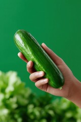 Hand holding a fresh green cucumber against natural green background, symbolizing healthy eating, organic produce, farm freshness, and wellness lifestyle concepts