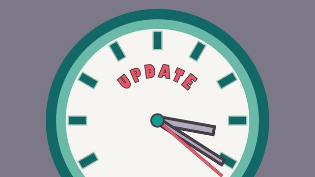 Animated clock hands sweep forward, showing the word UPDATE appearing across the clock face. A timely reminder to keep things fresh and relevant