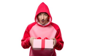 Surprised man in hoodie presenting Valentine's Day gift box, isolated on transparent background