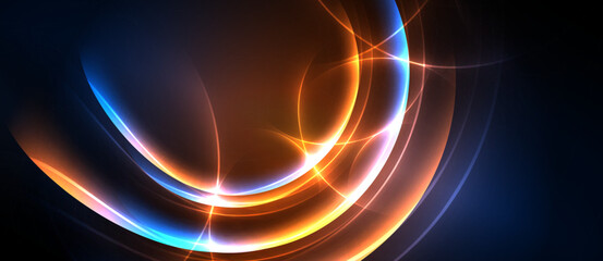 Fototapeta premium Abstract light streaks form curved shapes. Warm orange contrasts cool blue against dark background. Dynamic energy radiates.