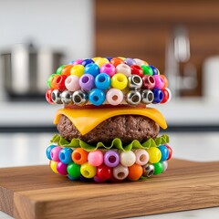 A whimsical, colorful hamburger sculpture crafted from vibrant beads and classic ingredients sits