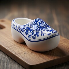 A single Delft blue patterned clog, a symbol of Dutch heritage, rests on a rustic wooden cutting