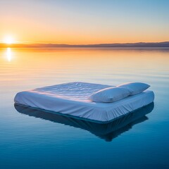 A white mattress with pillows floats serenely on calm blue water during a vibrant sunrise, creating
