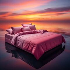 A plush pink bed with layered pillows floats serenely on calm waters during a vibrant sunset,