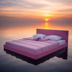 A surreal pink bed floats serenely on calm water under a vibrant, painted sky at sunset, evoking