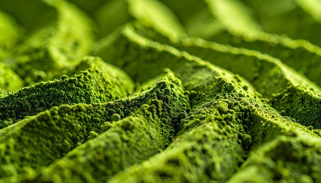 Macro close-up of fine matcha powder texture with subtle ridges on a dark background, ultra-detailed surface revealing premium tea quality, rich depth, and refined minimalist aesthetics.