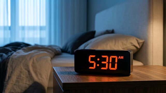 Digital alarm clock showing 5:30 AM on a bedside table. Waking up early in a dark bedroom. Morning routine concept