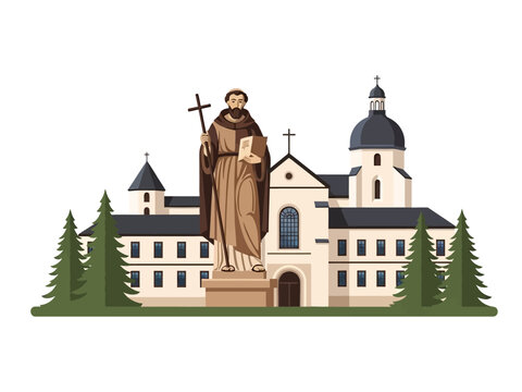 A stylized illustration of a monastic building facade with a prominent saint statue