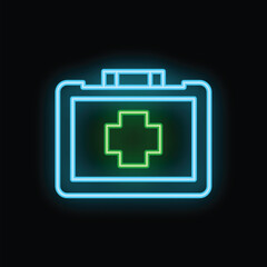 Obraz premium Glowing neon sign of a first aid kit is isolated on a black background