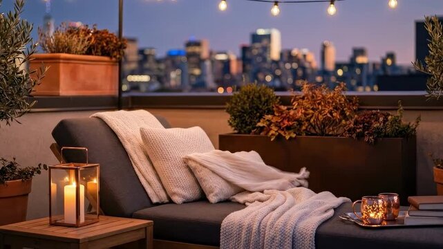 cozy fall - A cozy rooftop lounge featuring a comfortable chair with soft blankets, surrounded by potted plants and glowing string lights, set against a city skyline at twilight