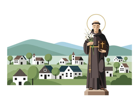 Stylized statue of a saint with lilies and a book before a village