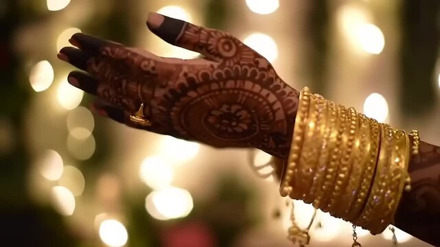 Henna hand with gold bangles with bokeh.