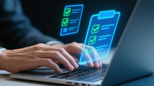 Legal document management system. Business document archiving and storage. Approval workflow automation and records compliance. Businessperson using laptop computer for file retrieval