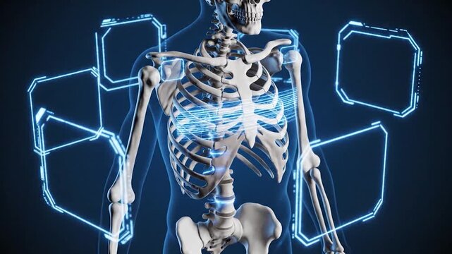 Human skeleton with glowing blue ribcage and surrounding geometric shapes.