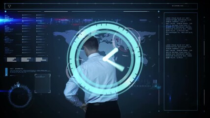 Animation of clock over digital interface on dark background - Powered by Adobe