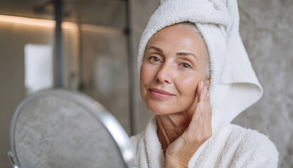Woman in towel looks in mirror while taking care of her skin at home after a shower
