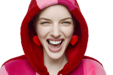 Smiling young woman in red hoodie with heart earrings for Valentine's Day, isolated on transparent background