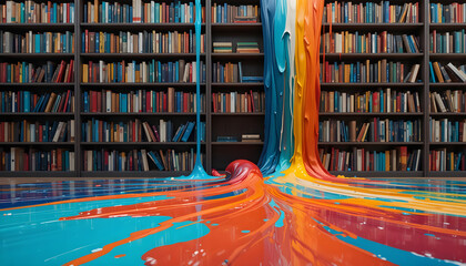 Colorful paint spreading across library floor best for creative knowledge concepts, innovation visuals, and artistic storytelling