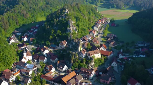 Aerial view of the city part Pottenstein im Tal  in Germany on a sunny morning in spring. 