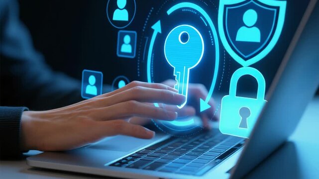 Encryption key management system and lifecycle. Secure key exchange and generation. Businessperson using laptop computer for cryptographic operations.