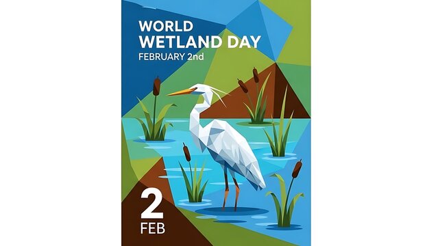 Stylized illustration for World Wetlands Day on February 2nd, featuring a geometric heron bird in a vibrant marshland setting.