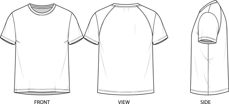 Blank raglan t shirt technical fashion sketch front back and side view, apparel design template vector illustration