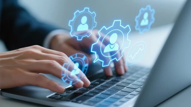 Personalized marketing solution. Digital marketing strategy. Marketing automation based on data analysis of target customers. Businessman using CRM system on laptop computer.