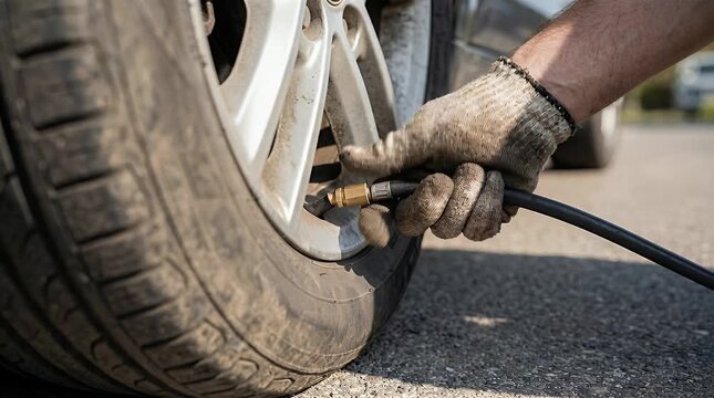 Car Tire Inflation Process Featuring Close Up of a Person's Hand in Gloves Holding an Air Hose to a Tire Under Bright Sunlight