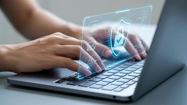 Secure data protection and network security systems. VPN connections and zero trust security. Man using laptop computer with an encrypted data security system