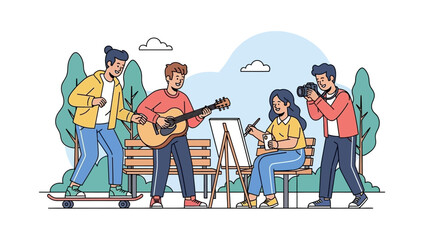 Group of young adults enjoying music and art together in a serene outdoor setting near 30de46e3 environment