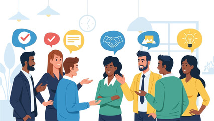 Diverse group discussing ideas represented by speech bubbles and symbols around them in a modern office setting with various light fixtures